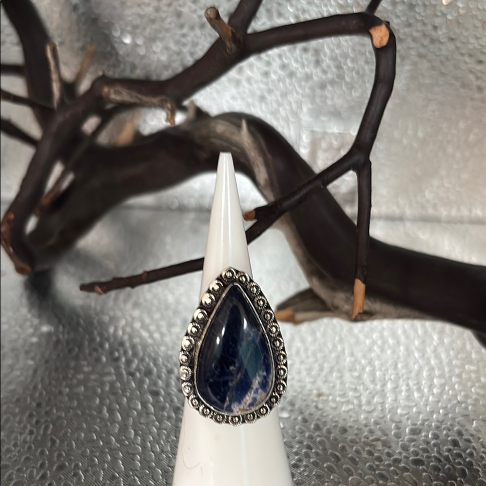 Elegant size 6 Sodalite Teardrop Blue Stone Ring 925